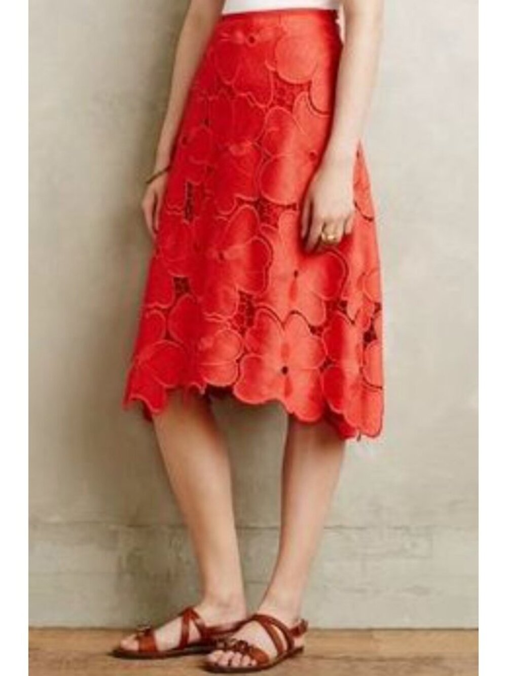 Anthropologie Cynthia Rowley Lace Bouquet Embroidered Lace Floral Skirt Red 2